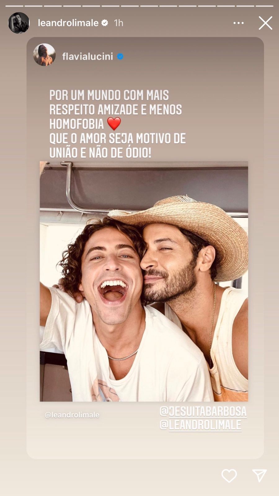 Leandro Lima reposta sua companheira Flávia Lucini (Foto: Reprodução: Instagram)