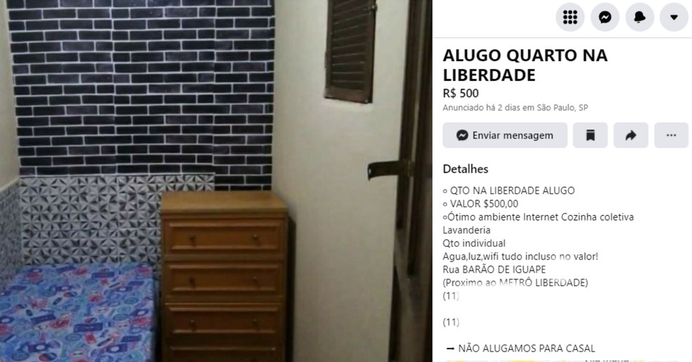 Anúncio de um quarto individual no bairro da Liberdade, região central da capital paulista — Foto: Reprodução