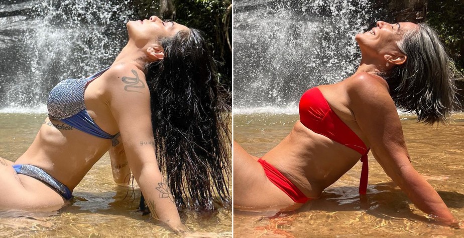 Cleo e Gloria Pires copiam pose de biquíni em cachoeira