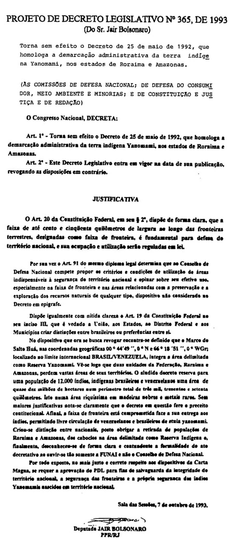 Decreto proposto pelo então deputado Jair Bolsonaro para acabar com reserva Yanomami — Foto: Reprodução/Câmara dos Deputados