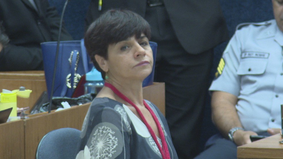 Adriana Villela no 4º dia de julgamento em Brasília — Foto: TV Globo/Reprodução