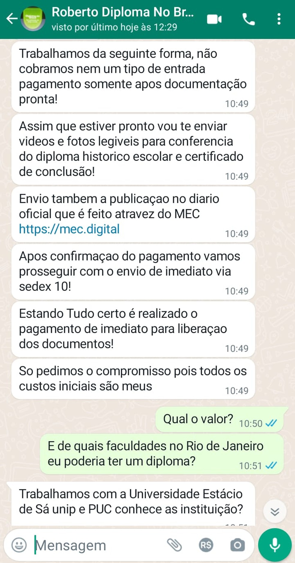 Print mostra como site que frauda diplomas age — Foto: Divulgação