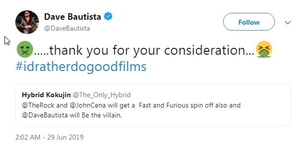 Dave Bautista diz que não gostaria de fazer filmes da franquia Velozes e Furiosos (Foto: Divulgação)
