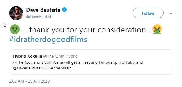 Dave Bautista prefere fazer bons filmes do que trabalhar em