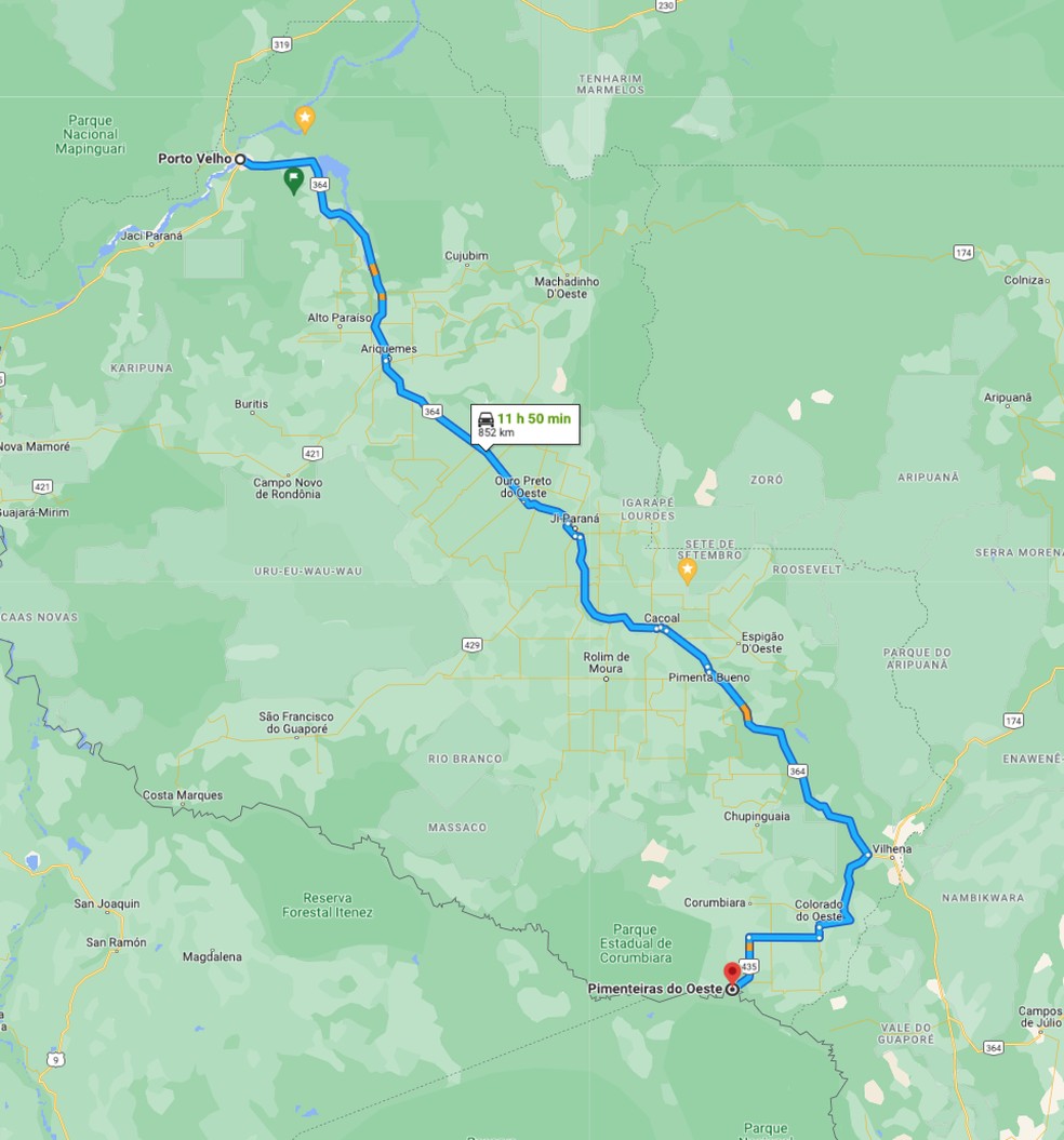 Como chegar em Pimenteiras do Oeste (RO) saindo de Porto Velho — Foto: Reprodução/Google Maps