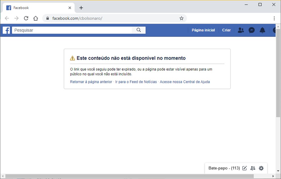 Perfil de Carlos Bolsonaro no Facebook desativado nesta terça-feira (12) — Foto: Reprodução/Facebook