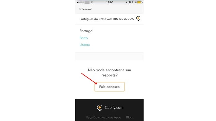 Opção de entrar em contato com o Cabify