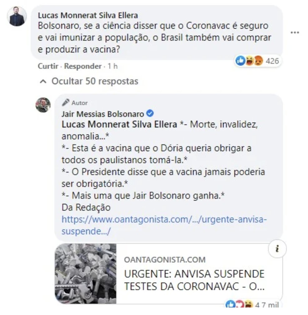 Bolsonaro comemora suspensão de testes da Coronavac