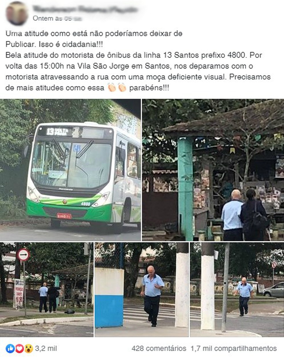 Post viraliza após divulgar boa ação de motorista de ônibus de Santos, SP — Foto: Reprodução/Facebook