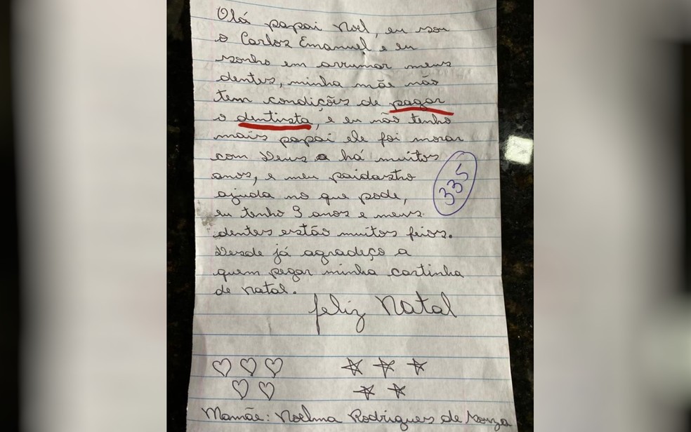 Garoto escreve carta pedindo dinheiro para dentista ao Papai Noel, em Vianópolis, Goiás — Foto: Arquivo pessoal 