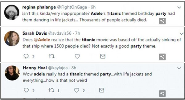 Comentários sobre a festa de Adele com tema do Titanic (Foto: Twitter)