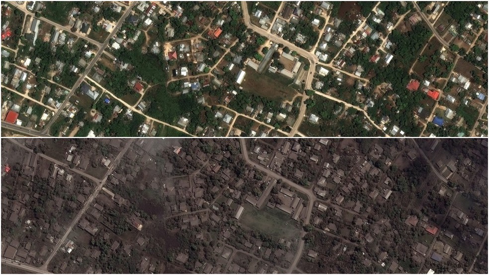 Combinação de imagens de satélite mostra casas e edifícios em Tonga, em 29 de dezembro de 2021 (acima) e em 18 de janeiro de 2022 (abaixo), antes e depois da erupção do vulcão submarino Hunga Tonga-Hunga Ha'apai — Foto: Maxar Technologies via AP