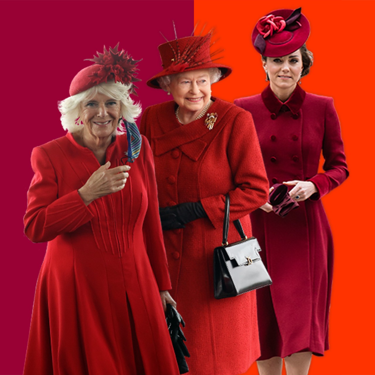 Rainha Elizabeth 2ª, Camilla (duquesa da Cornualha) e Kate (duquesa de Cambridge), todas vestindo roupas vermelhas (Foto: BBC News)