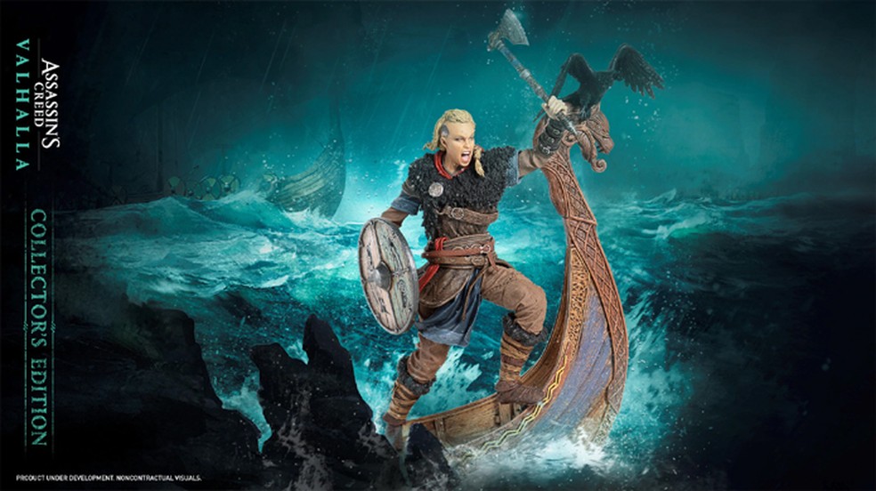 A versão feminina de Eivor pode ser vista nesta estátua de 30 cm da edição de colecionador de Assassin's Creed Valhalla — Foto: Reprodução/Ubisoft Store