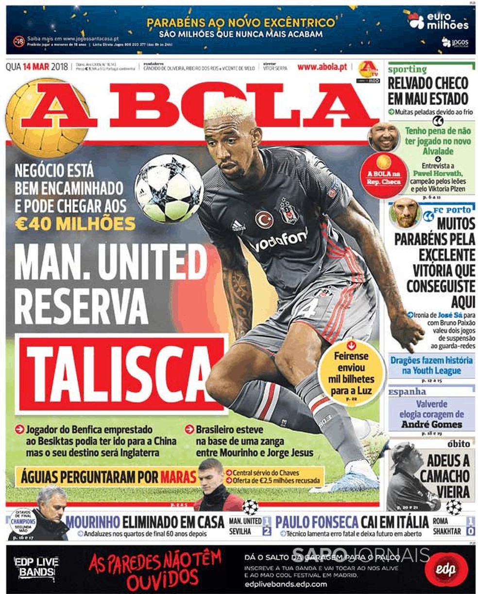 Talisca na manchete do jornal A Bola, que banca a Inglaterra como destino do brasileiro (Foto: Reprodução / A Bola)