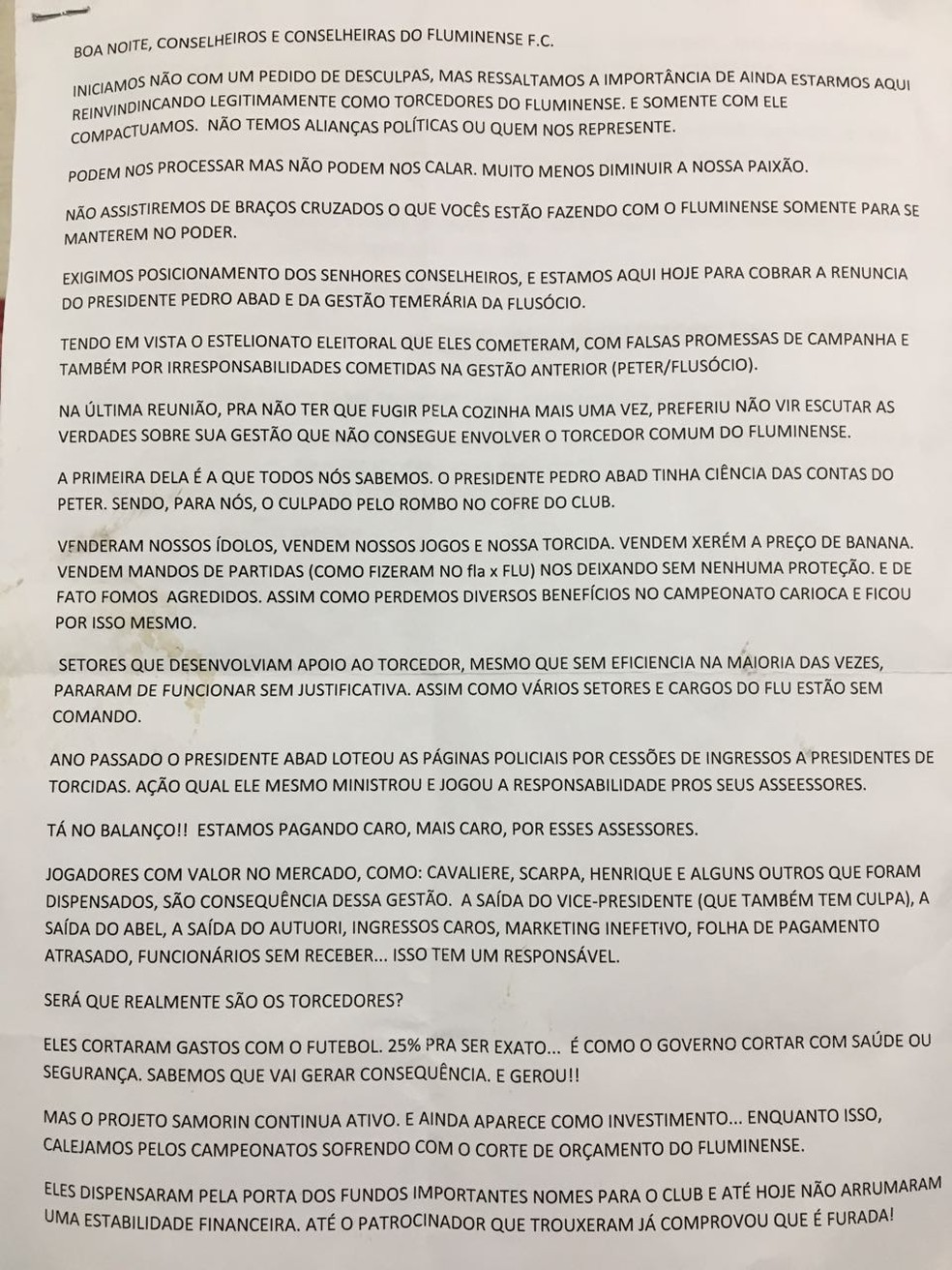 Primeiro página da carta dos representantes para o Conselho Deliberativo (Foto: Divulgação)