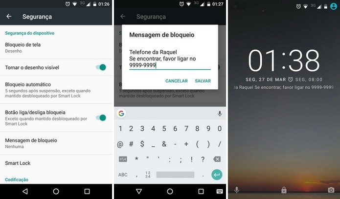 Mensagem na tela de bloqueio do Android pode mostrar informação para caso de perda do celular (Foto: Reprodução/Raquel Freire)