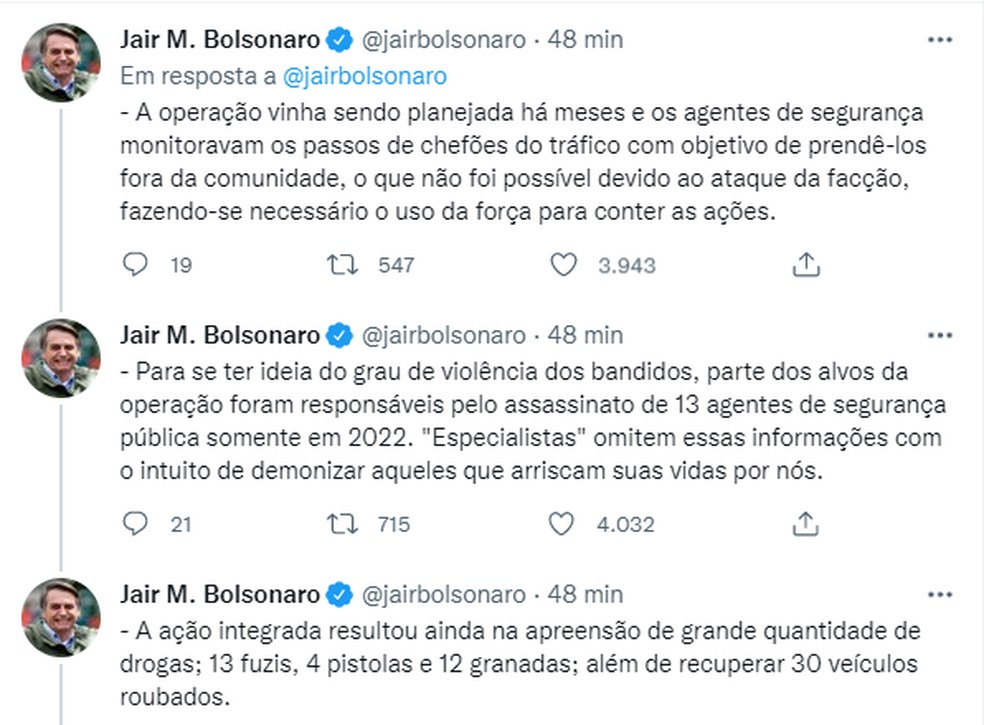 Jair Bolsonaro se manifesta sobre a operação na Vila Cruzeiro  — Foto: Reprodução 