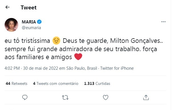 Maria lamenta morte de Milton Gonçalves (Foto: Reprodução/Twitter)