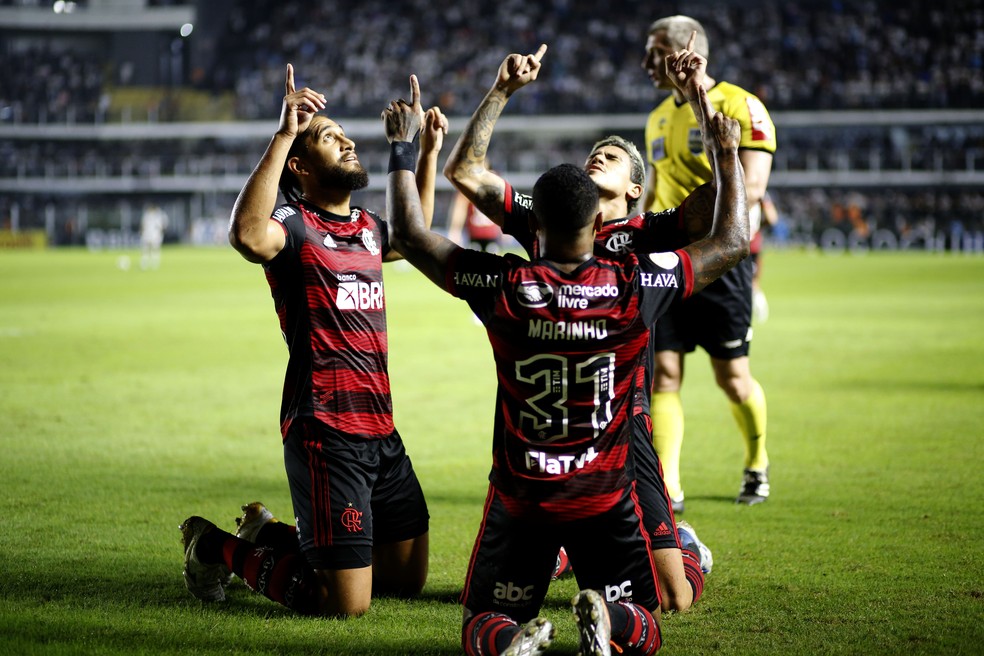 Pablo, Marinho e Pedro comemoram gol do Flamengo contra o Santos — Foto: Gilvan de Souza/Flamengo