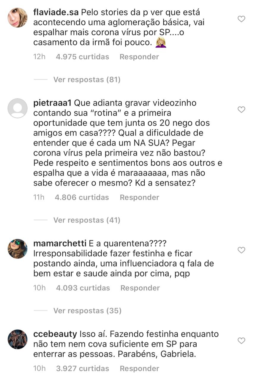Comentários no Instagram de Gabriela Pugliesei (Foto: reprodução)