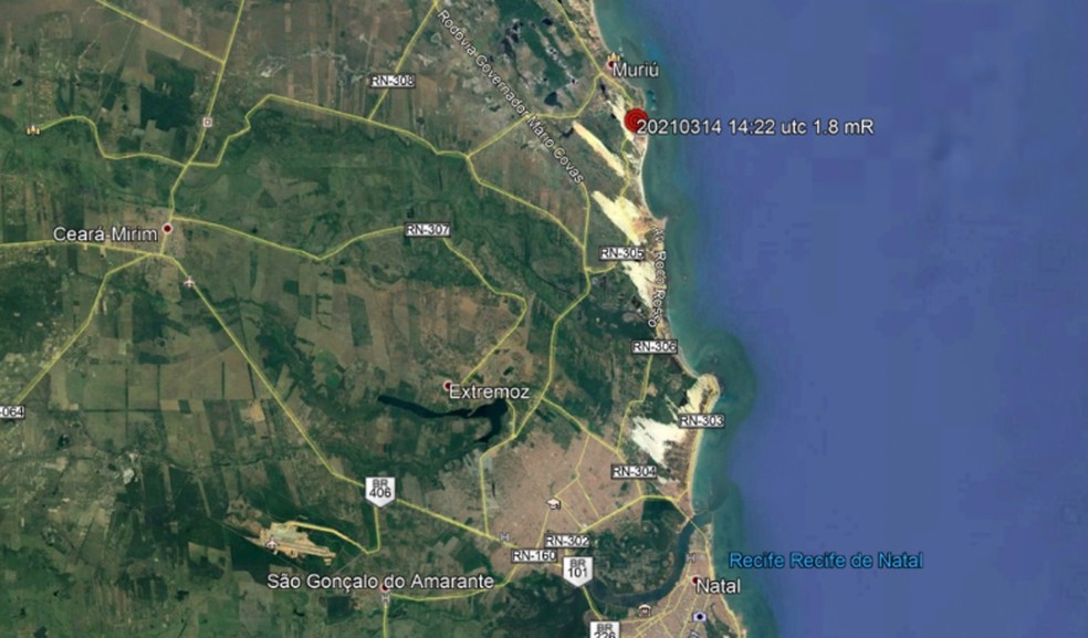 Ponto vermelho mostra epicentro de tremor de terra registrado neste domingo (14) em Ceará-Mirim, na Grande Natal.. — Foto: Labsis/UFRN