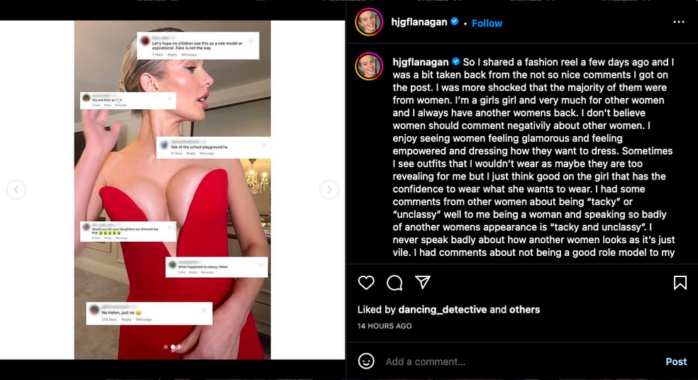O post da atriz Helen Flanagan lamentando os ataques contra ela — Foto: Instagram