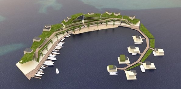 Detalhe do projeto de cidade flutuante no Pacífico