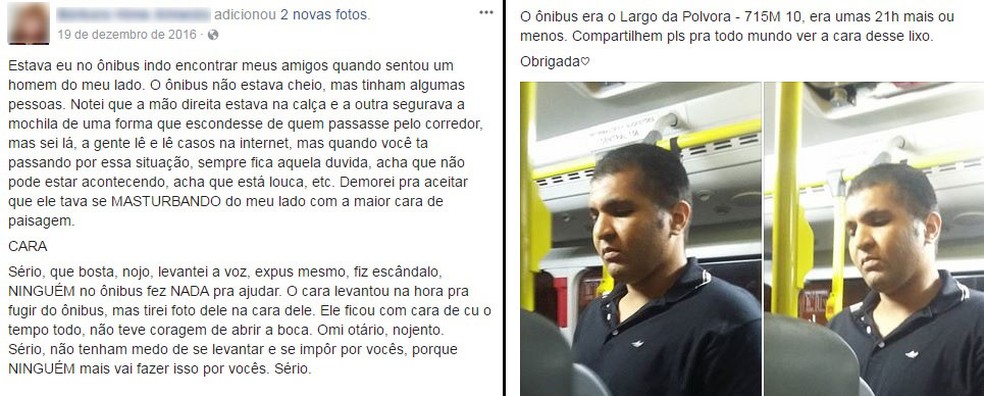 Jovem fez relato de que Diego estava se masturbando em ônibus em dezembro de 2016 (Foto: Reprodução/Facebook)