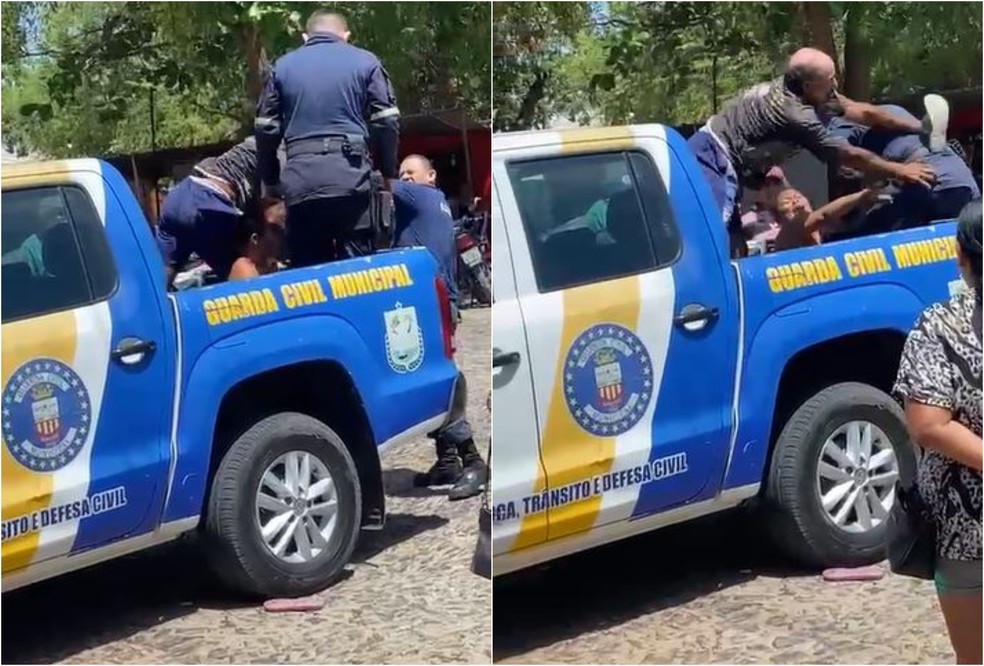 Homem agride guardas municipais durante abordagem em Camocim, no Ceará. — Foto: Reprodução