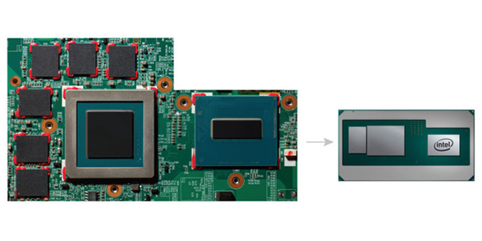 À esquerda, o espaço ocupado por GPU, memória RAM e o processador. À direita, o novo chip de oitava geração da Intel, capaz de integrar todos esses componentes (Foto: Divulgação/Intel)