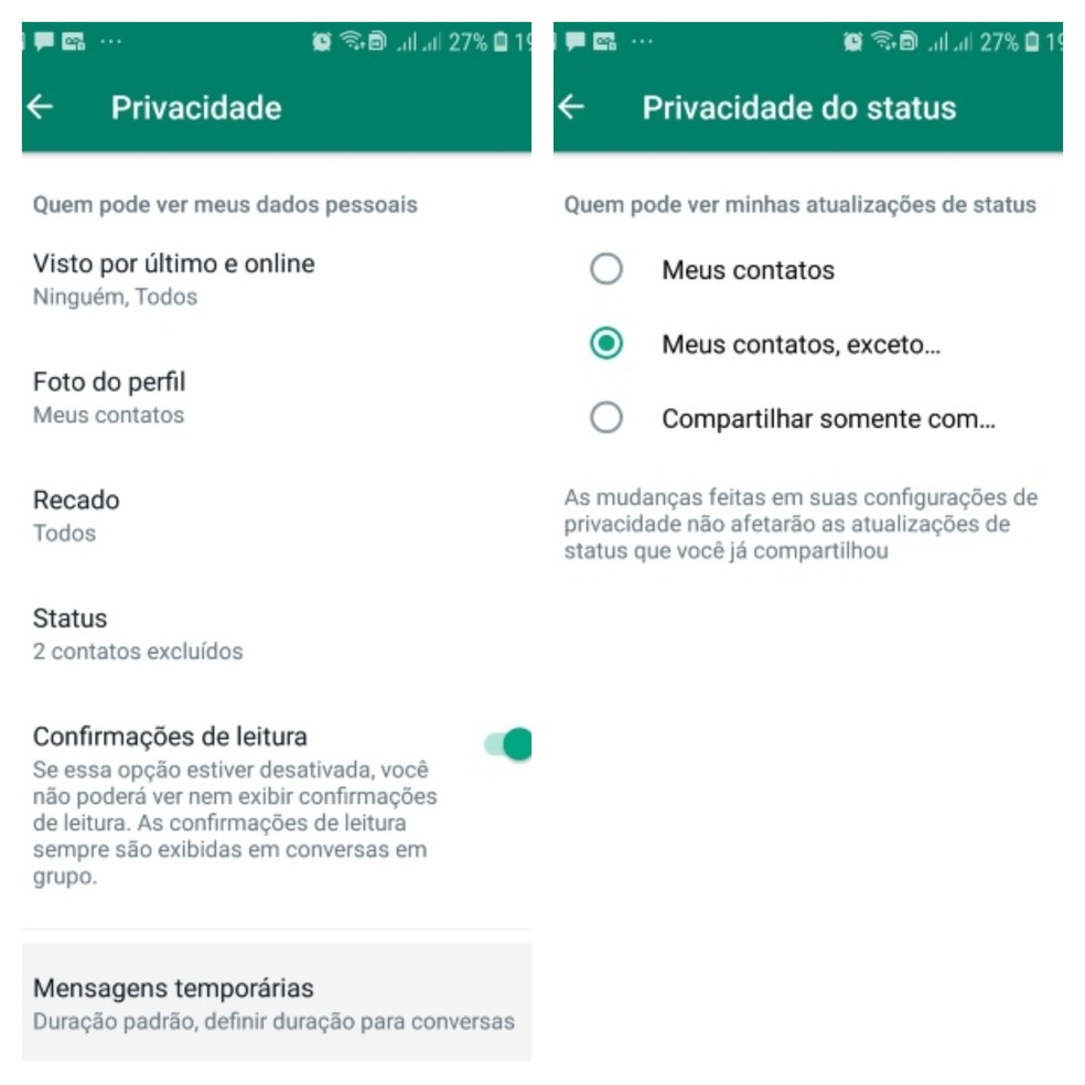 Restrigindo o acesso ao status no WhatsApp — Foto: Reprodução/Gisele Souza