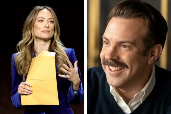 Olivia Wilde with the documents on stage;  the actor Jason Sudeikis in the series Ted Lasso (Photo: Getty Images; Reproduction)