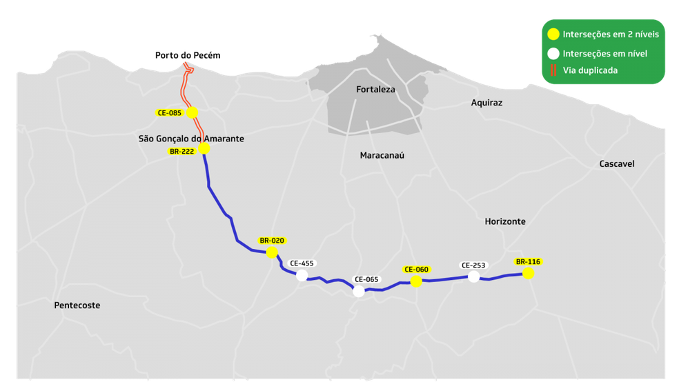 Nova rodovia começaria nos municípios de Pacajus e Chorozinho indo até o Porto do Pecém — Foto: Seinfra