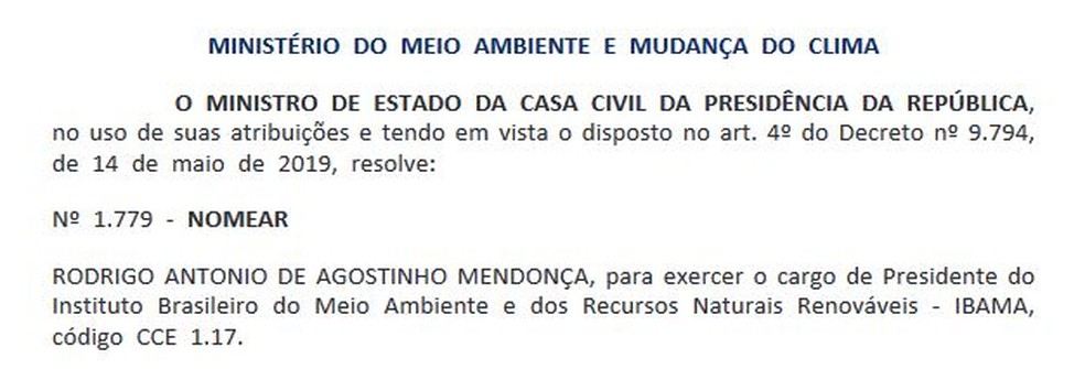 Ex-deputado federal Rodrigo Agostinho é nomeado presidente do Ibama — Foto: Reprodução / Diário Oficial da União