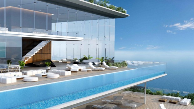 A penthouse conta com piscina de borda infinita com vista para o mar (Foto: Reprodução/omniyat.com)