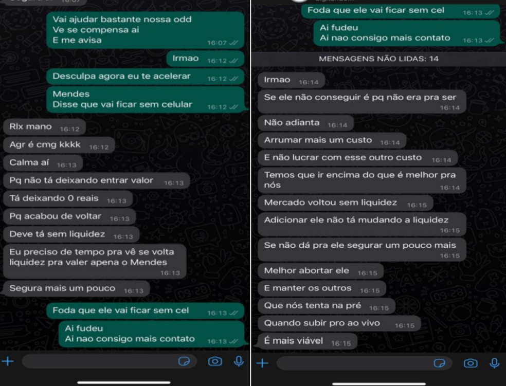 Conversa entre os apostadores Bruno Lopez (verde) e Thiago Chambó (cinza) sobre o risco de empregar Vitor Mendes para receber um cartão na 26ª rodada — Foto: Reprodução