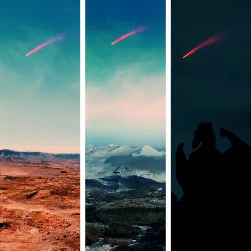 O cometa avermelhado visto do deserto vermelho, do norte e de Pedra do Dragão (Foto: Reprodução)