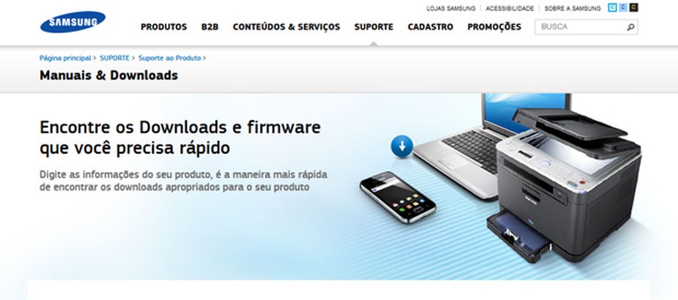 Acesse o site da Samsung para procurar o driver que você precisa — Foto: Reprodução/TechTudo