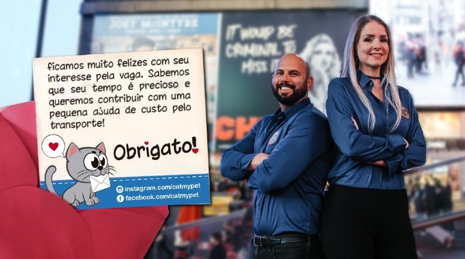 Agnes Cristina e Diogo Petri, da CatMyPet, e o bilhetinho enviado aos candidatos (Foto: CatMyPet/Divulgação)