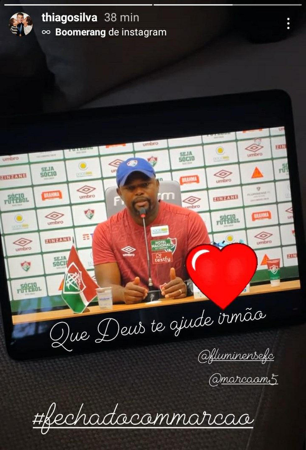 Thiago Silva posta mensagem em apoio a Marcão — Foto: Reprodução