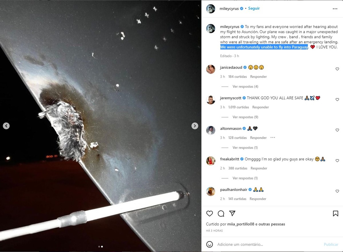 Avião em que Miley Cyrus viaja para o Paraguai é atingido por raio |  Lollapalooza 2022