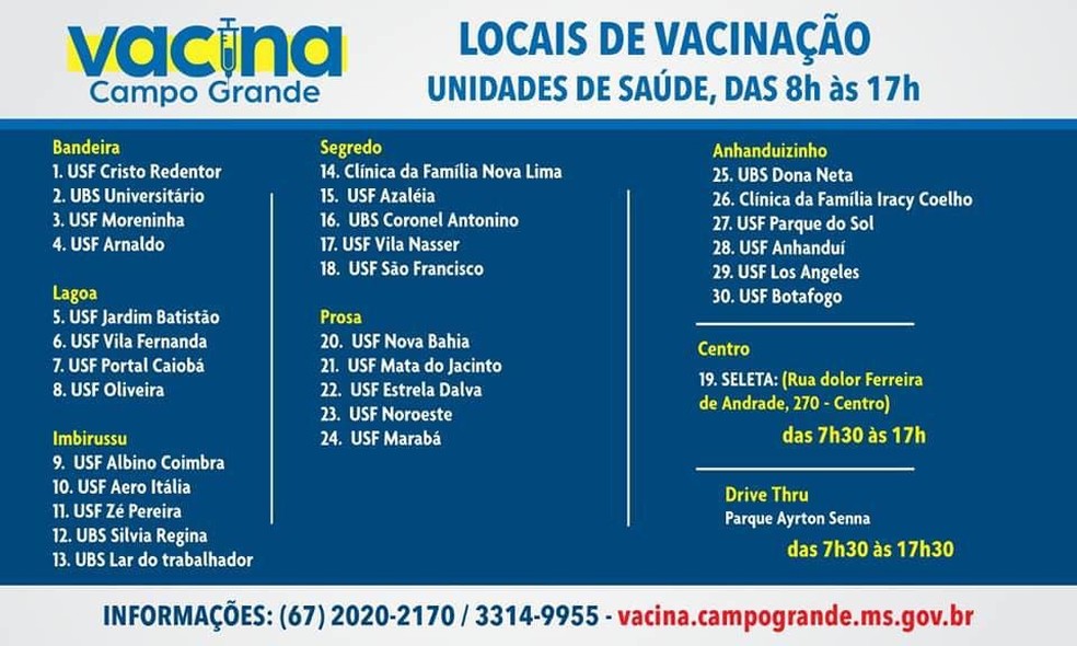 Locais e horários de vacinação para a semana entre 22 e 27 de março em Campo Grande (MS) — Foto: Sesau/Divulgação