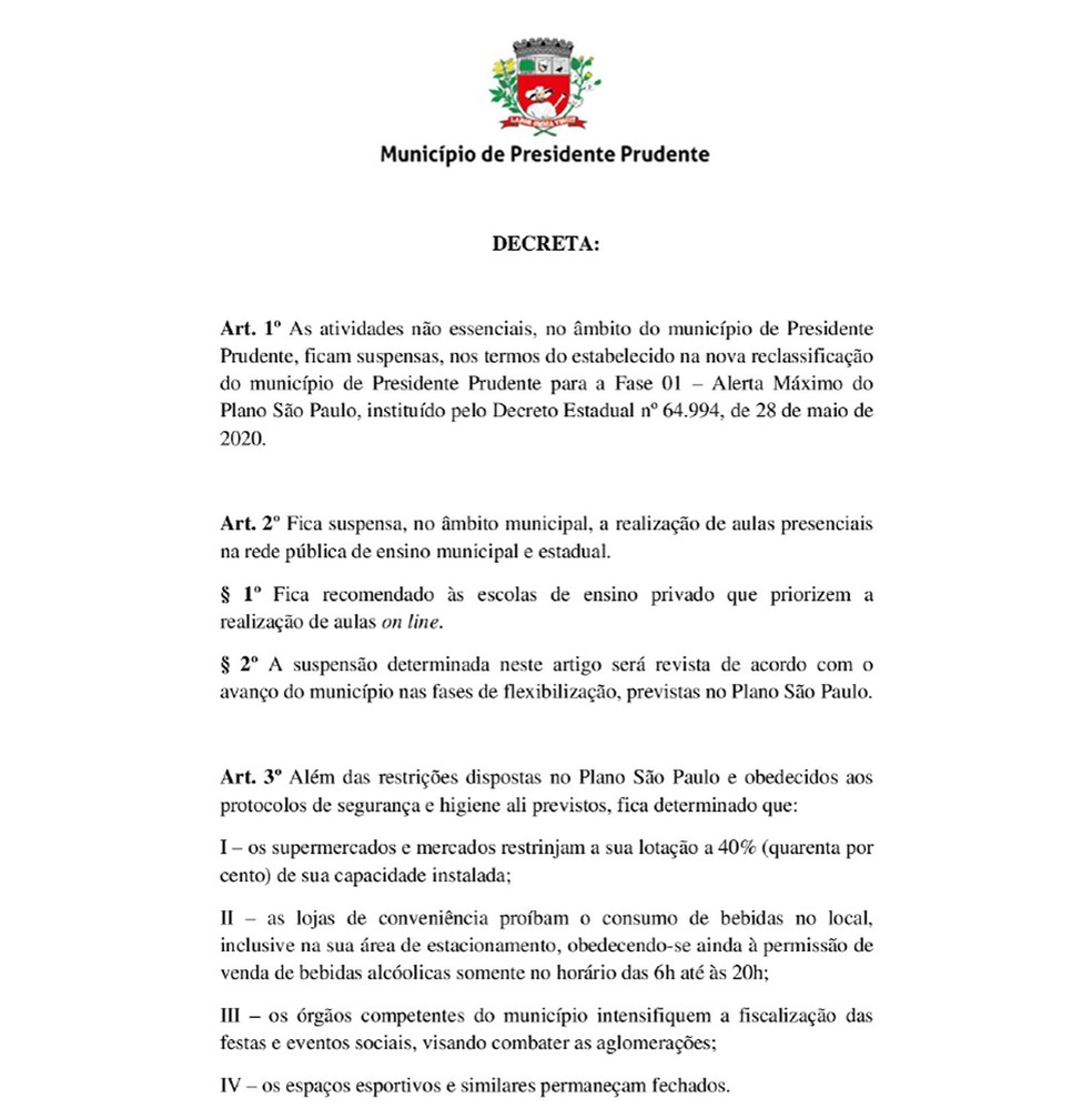 Decreto fase vermelha Presidente Prudente 1 — Foto: Reprodução