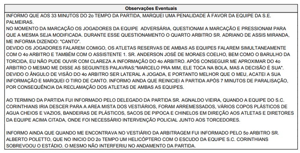 Súmula do jogo entre Palmeiras x Corinthians descreve lance polêmico (Foto: reprodução)