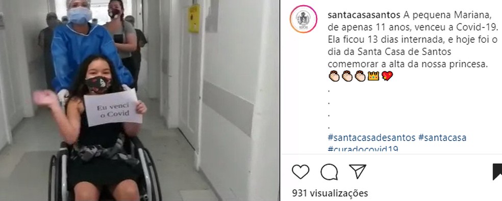 Mariana recebeu alta após se recuperar da Covid-19 e hospital comemorou vitória de criança — Foto: Reprodução/Instagram