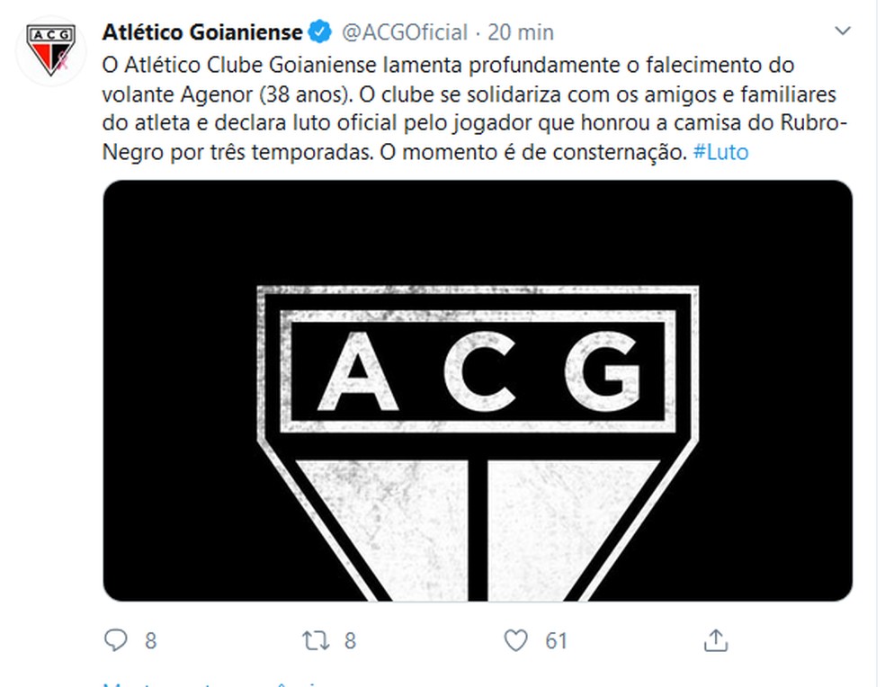 Atlético Goianiense lamentou morte de ex-jogador — Foto: Twitter/Reprodução