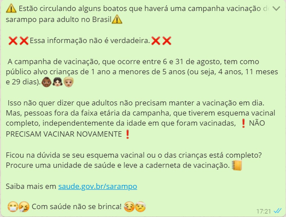 Post do Ministério da Saúde alerta para informação falsa a respeito de sarampo (Foto: Reprodução/ WhatsApp)