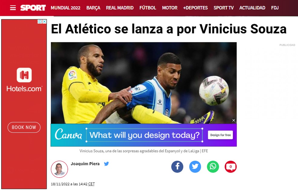 Jornal "Sport", de Barcelona, fala do interesse do Atlético de Madrid em Vinição — Foto: Reprodução