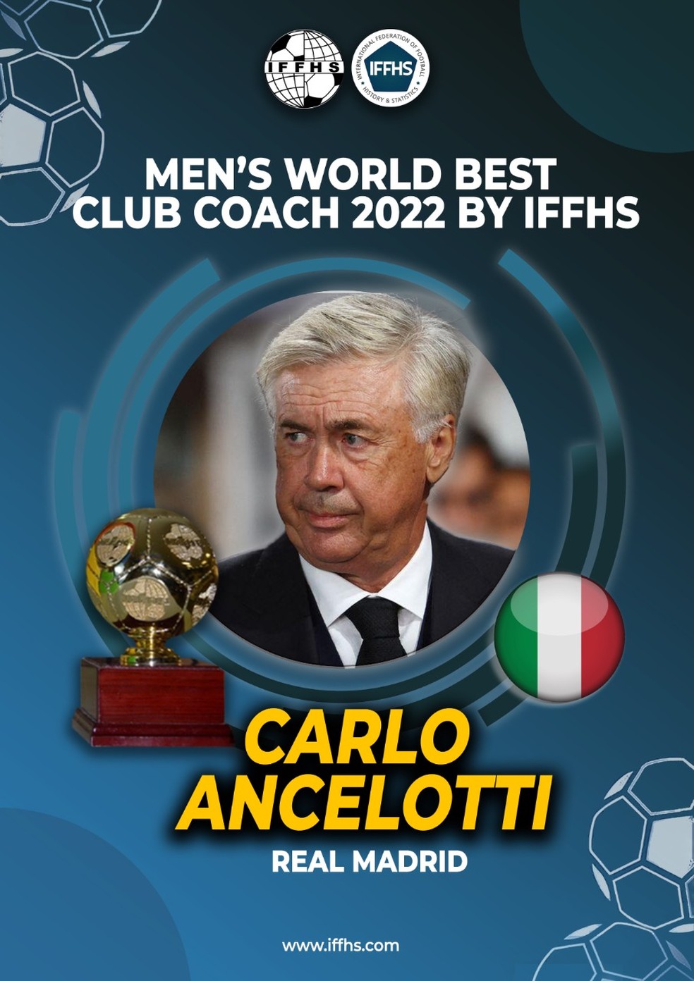Carlo Ancelotti, do Real Madrid, foi eleito melhor t&Atilde;&copy;cnico do mundo pelo IFFHS &acirc; Foto: Divulga&Atilde;&sect;&Atilde;&pound;o IFFHS